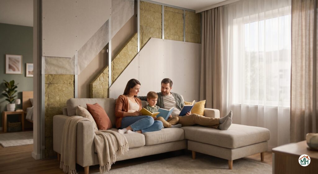 Schéma conceptuel d'une isolation thermique par l'intérieur (ITI) garantissant le confort dans un salon.