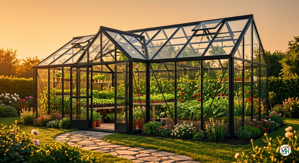 Serre de jardin en verre installée, prête à protéger les jeunes pousses et légumes.