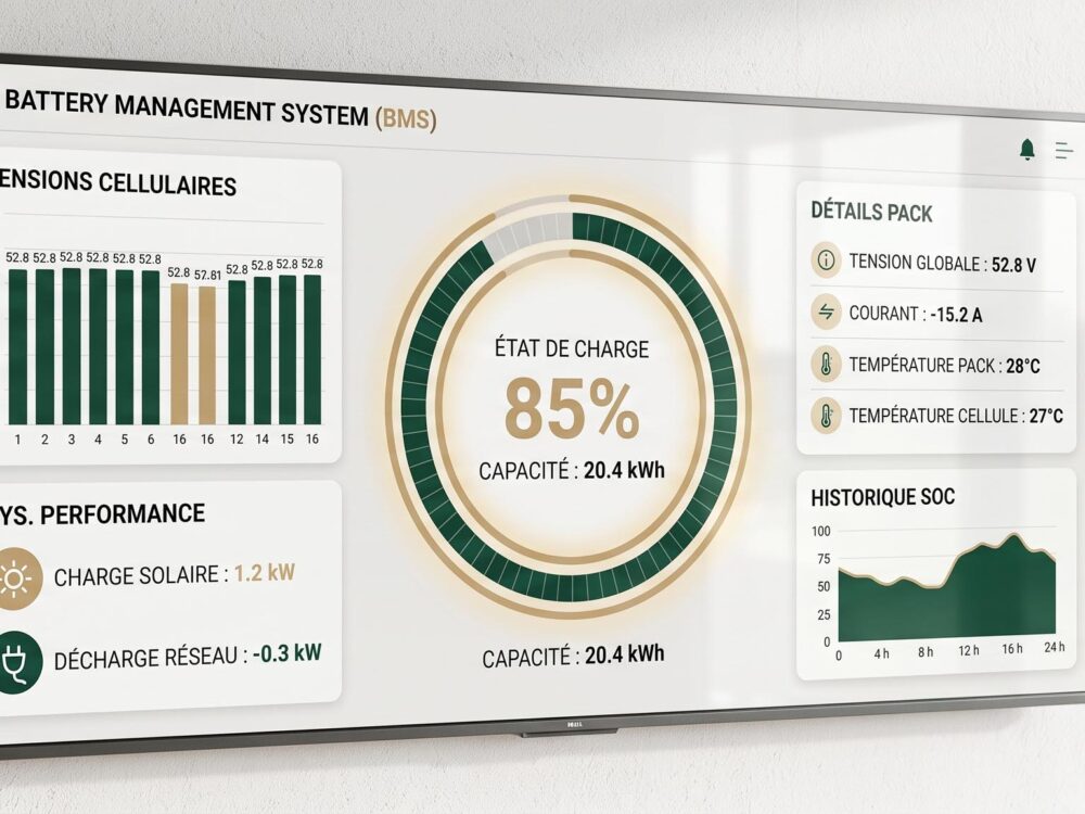 Tableau de bord numérique d'un système BMS pour une batterie solaire domestique, affichant l'état de charge et les performances en temps réel