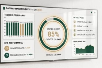 Tableau de bord numérique d'un système BMS pour une batterie solaire domestique, affichant l'état de charge et les performances en temps réel