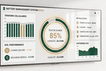 Tableau de bord numérique d'un système BMS pour une batterie solaire domestique, affichant l'état de charge et les performances en temps réel