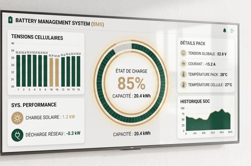 Tableau de bord numérique d'un système BMS pour une batterie solaire domestique, affichant l'état de charge et les performances en temps réel