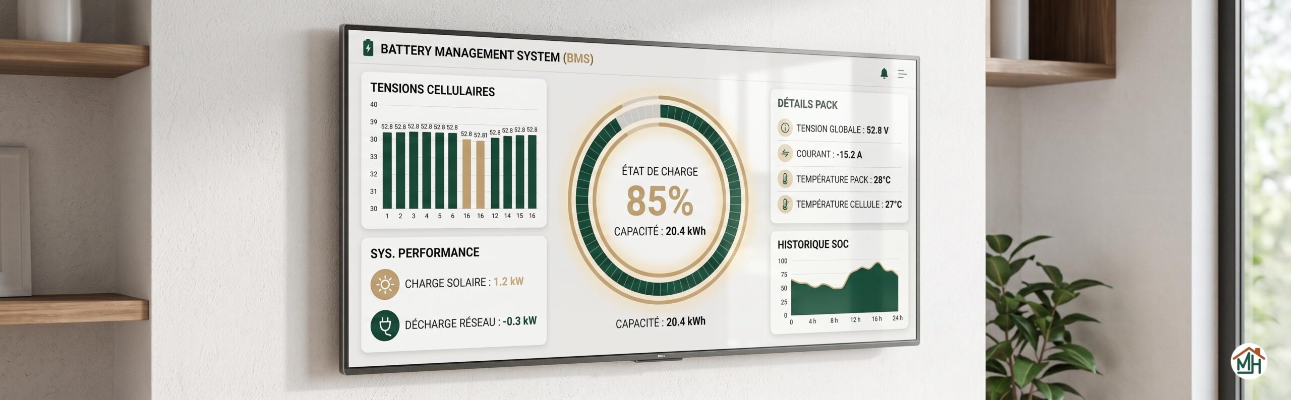 Tableau de bord numérique d'un système BMS pour une batterie solaire domestique, affichant l'état de charge et les performances en temps réel