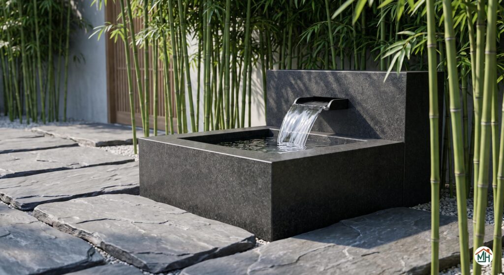 Tsukubai moderne aux lignes épurées, intégré dans un jardin contemporain avec des bambous et des pierres