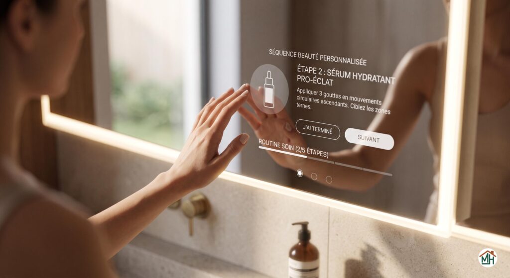 Utilisatrice interagissant avec le miroir connecté SmartReflect Pro pour une routine beauté personnalisée