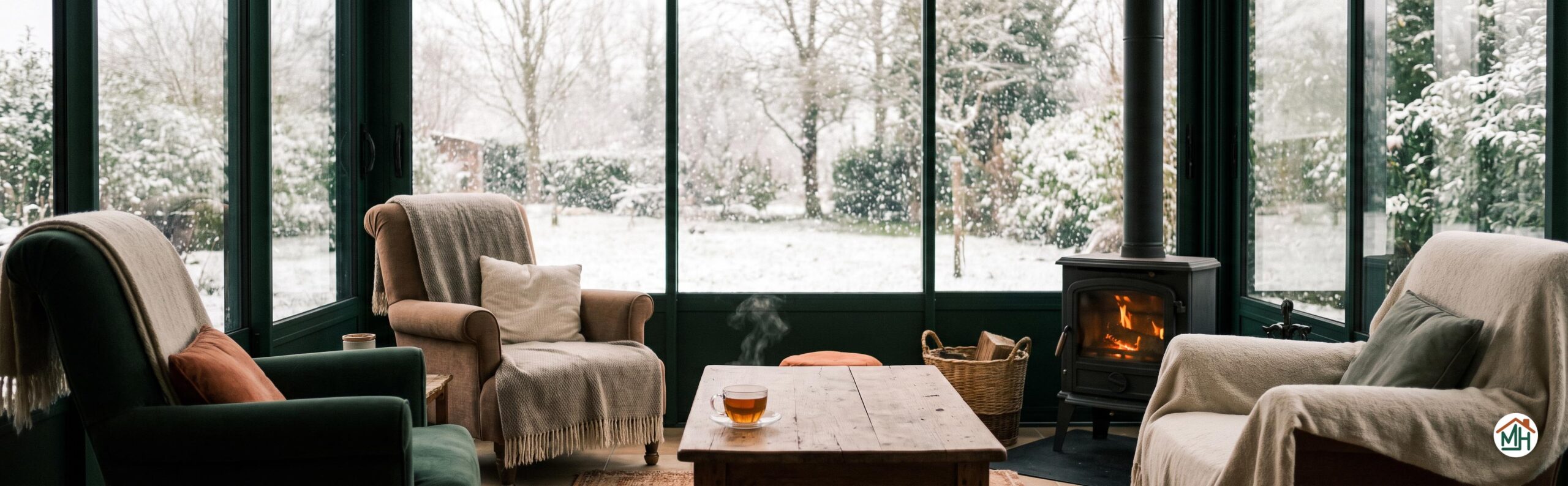 Intérieur douillet d'une véranda parfaitement étanche, face à un paysage enneigé en hiver