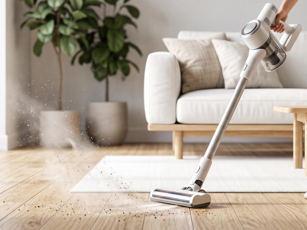 Aspirateur moderne en action dans un salon propre pour un nettoyage efficace et un air sain