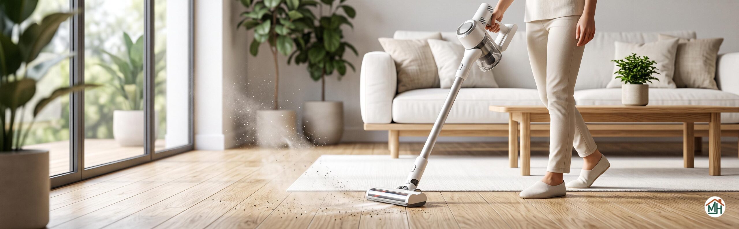 Aspirateur moderne en action dans un salon propre pour un nettoyage efficace et un air sain