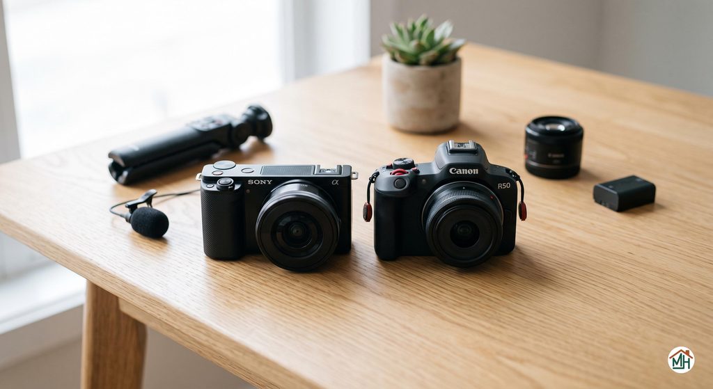 Comparaison des boîtiers Sony ZV-E10 et Canon R50, montrant leurs caractéristiques et designs techniques
