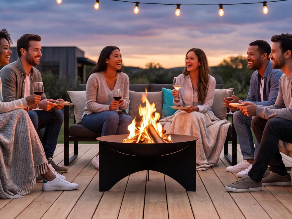 Ambiance chaleureuse autour d'un brasero allumé sur une terrasse moderne en fin de journée
