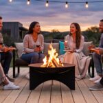 Ambiance chaleureuse autour d'un brasero allumé sur une terrasse moderne en fin de journée