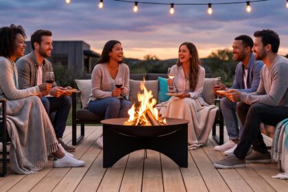 Ambiance chaleureuse autour d'un brasero allumé sur une terrasse moderne en fin de journée