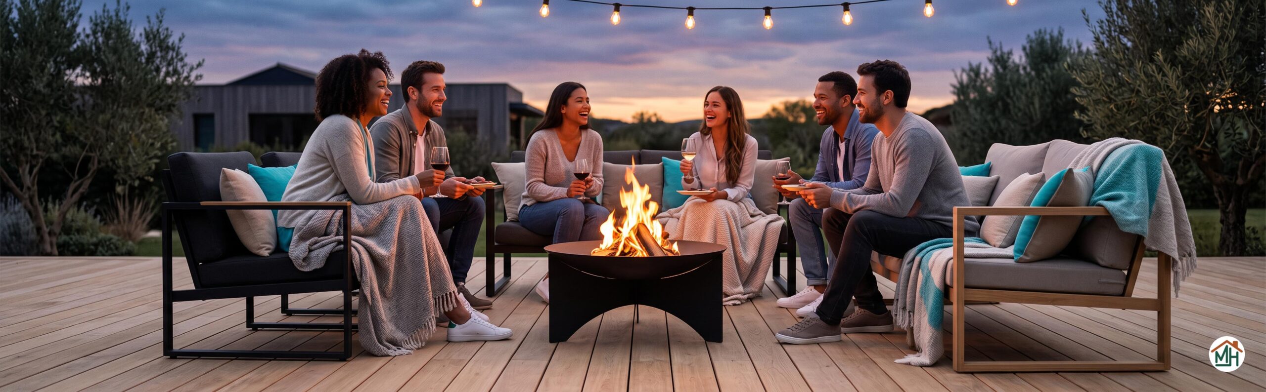 Ambiance chaleureuse autour d'un brasero allumé sur une terrasse moderne en fin de journée