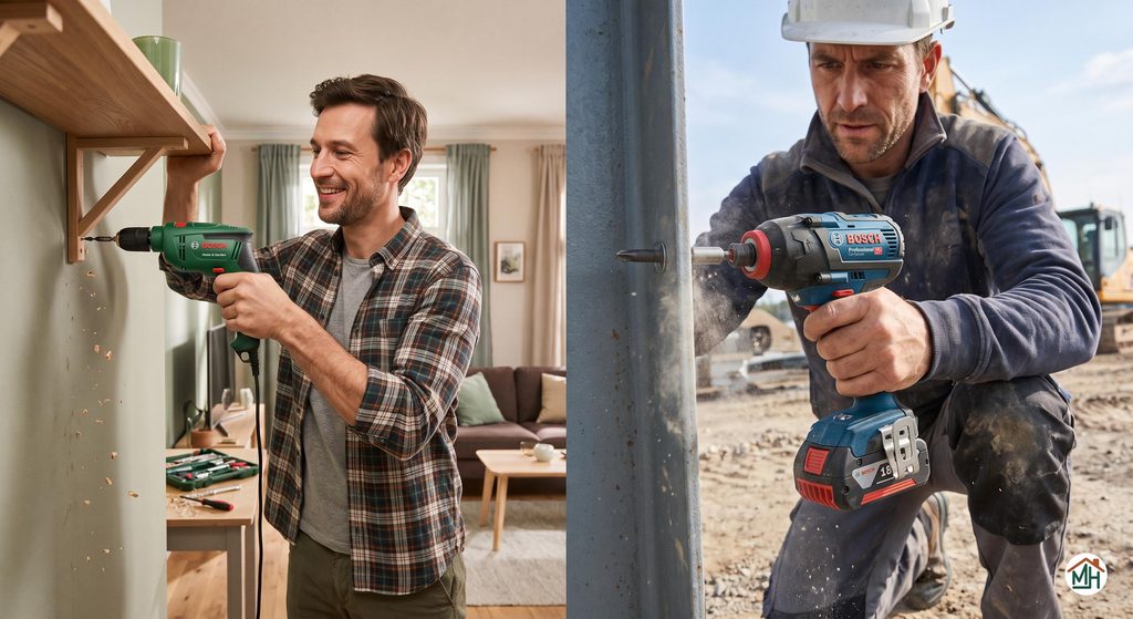 Un bricoleur avec un outil Bosch Vert et un professionnel avec un outil Bosch Bleu, illustrant leurs utilisations spécifiques et leurs contextes de travail
