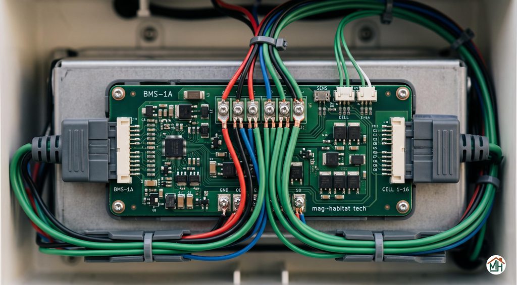 Composants électroniques complexes et câblage d'un boîtier de BMS intégré à une batterie de stockage solaire résidentielle