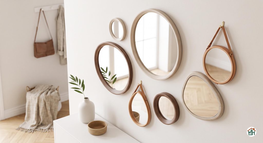 Collection de petits miroirs scandinaves aux formes variées et cadres en bois et cuir, décoration murale pour une entrée lumineuse