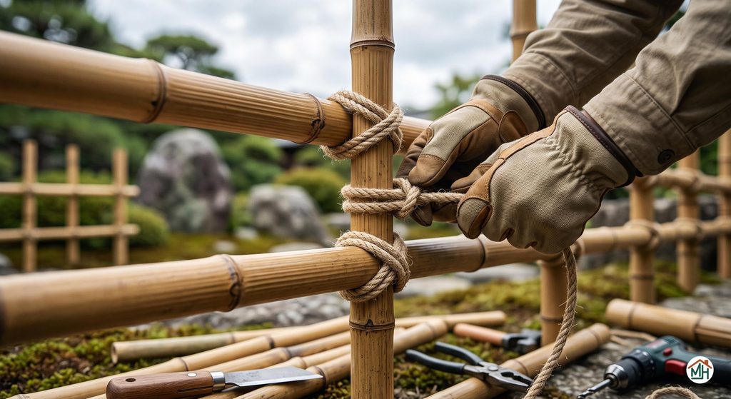 Détail de la construction d'une clôture en bambou, fixation des chaumes