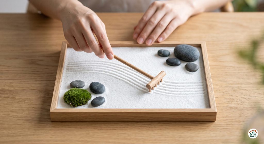 Mains ratissant délicatement le sable d'un kit jardin zen miniature pour créer des motifs apaisants
