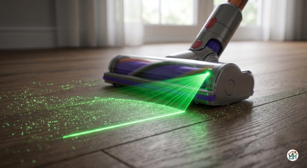 Gros plan sur la tête de nettoyage laser du Dyson V15 Detect détectant la poussière sur le sol.