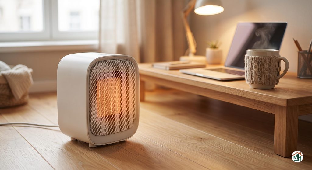 Petit radiateur d'appoint économique céramique soufflant dans un bureau à domicile
