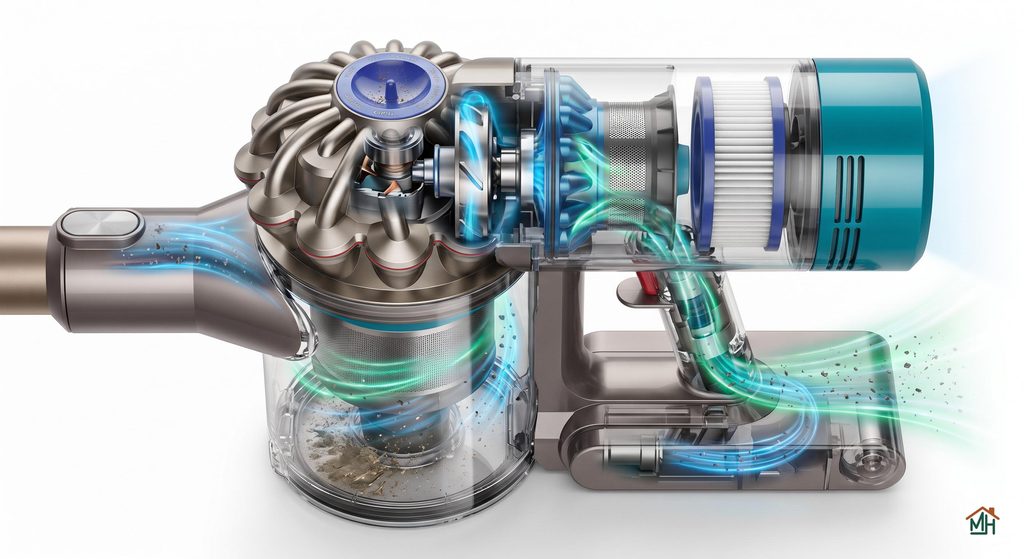Schéma détaillé montrant le moteur et le système de filtration interne d'un aspirateur en coupe
