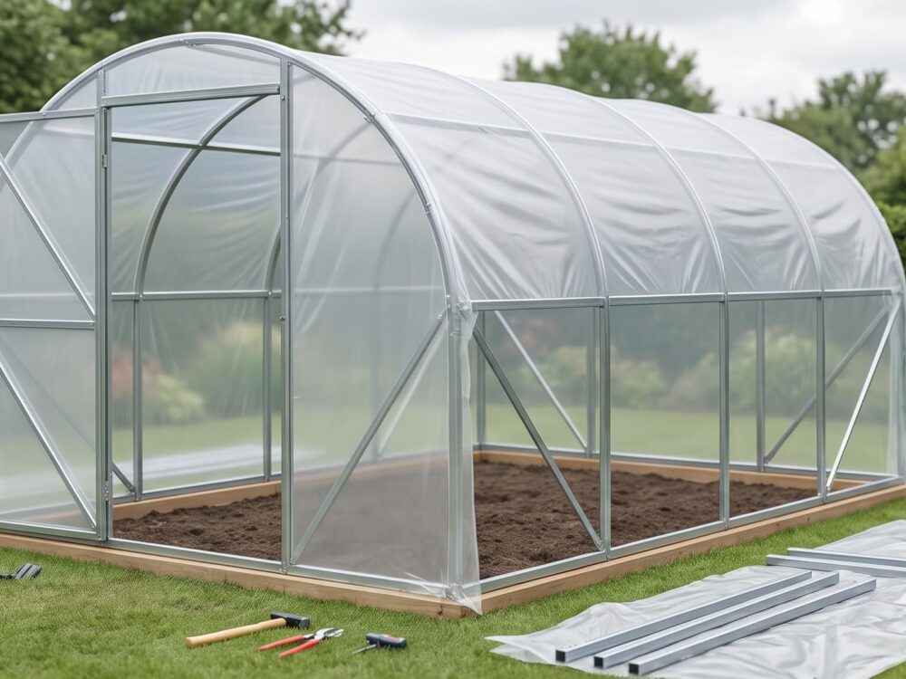 serre de jardin tunnel en cours d'installation