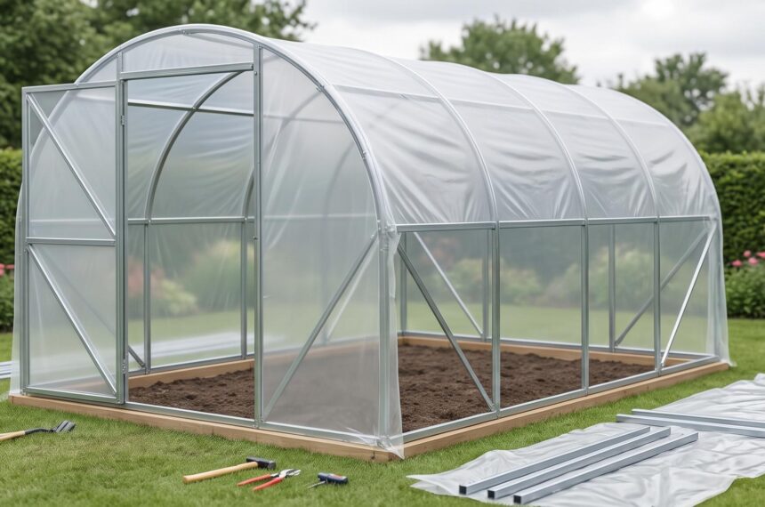 serre de jardin tunnel en cours d'installation