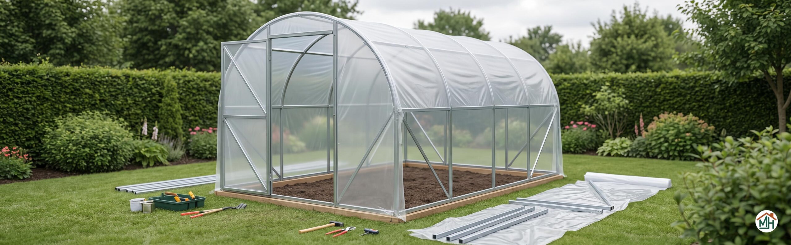 serre de jardin tunnel en cours d'installation