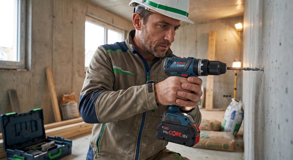 Artisan utilisant une perceuse Bosch Professional avec batterie ProCore 18V en situation réelle de chantier