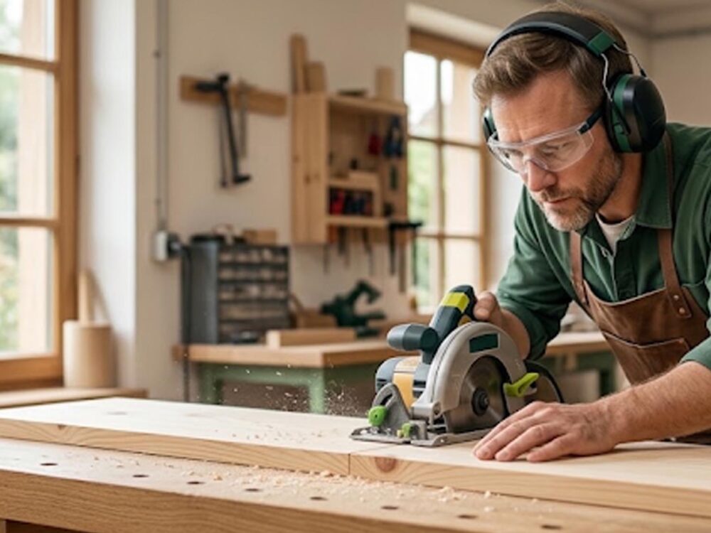 Bricoleur portant un casque anti-bruit et utilisant une scie circulaire en toute sécurité dans son atelier