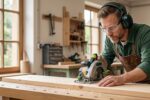 Bricoleur portant un casque anti-bruit et utilisant une scie circulaire en toute sécurité dans son atelier