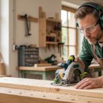 Bricoleur portant un casque anti-bruit et utilisant une scie circulaire en toute sécurité dans son atelier