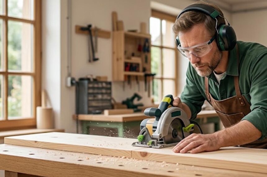 Bricoleur portant un casque anti-bruit et utilisant une scie circulaire en toute sécurité dans son atelier