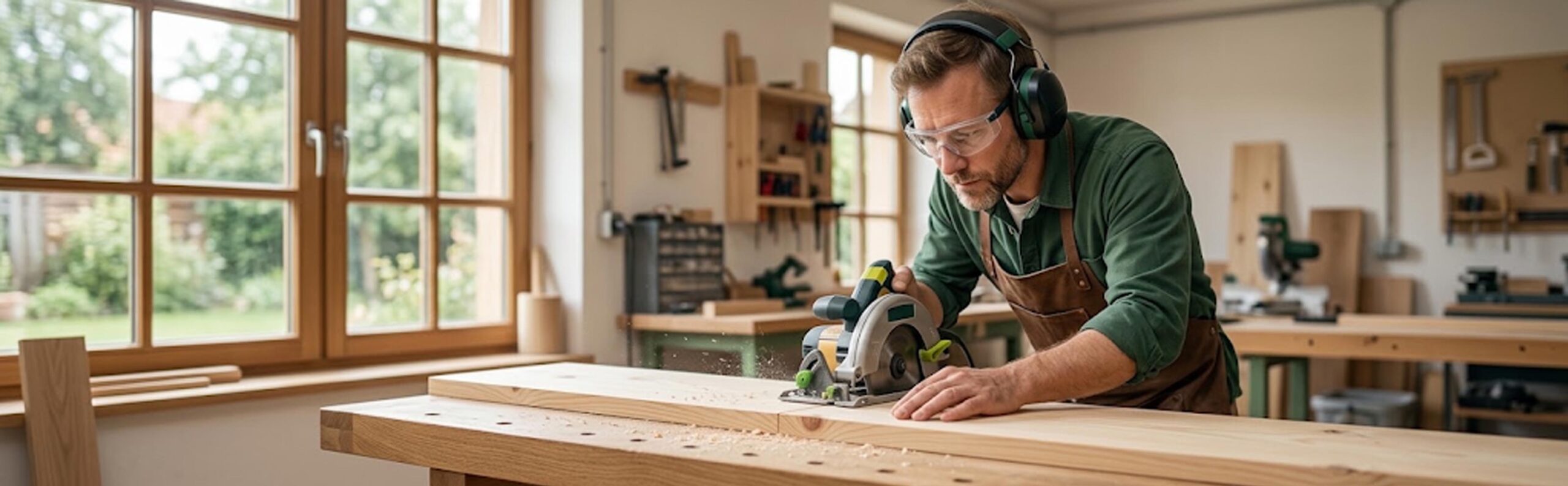 Bricoleur portant un casque anti-bruit et utilisant une scie circulaire en toute sécurité dans son atelier