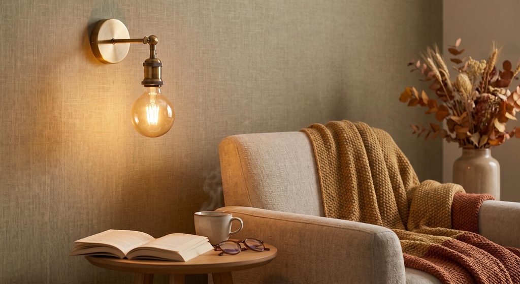 Coin lecture douillet avec applique murale en laiton pour un éclairage intérieur cosy