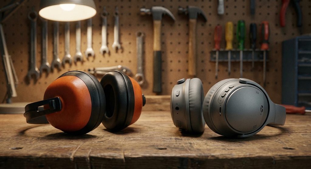 Comparaison entre un casque anti-bruit actif et un casque passif posés sur un établi d'atelier.