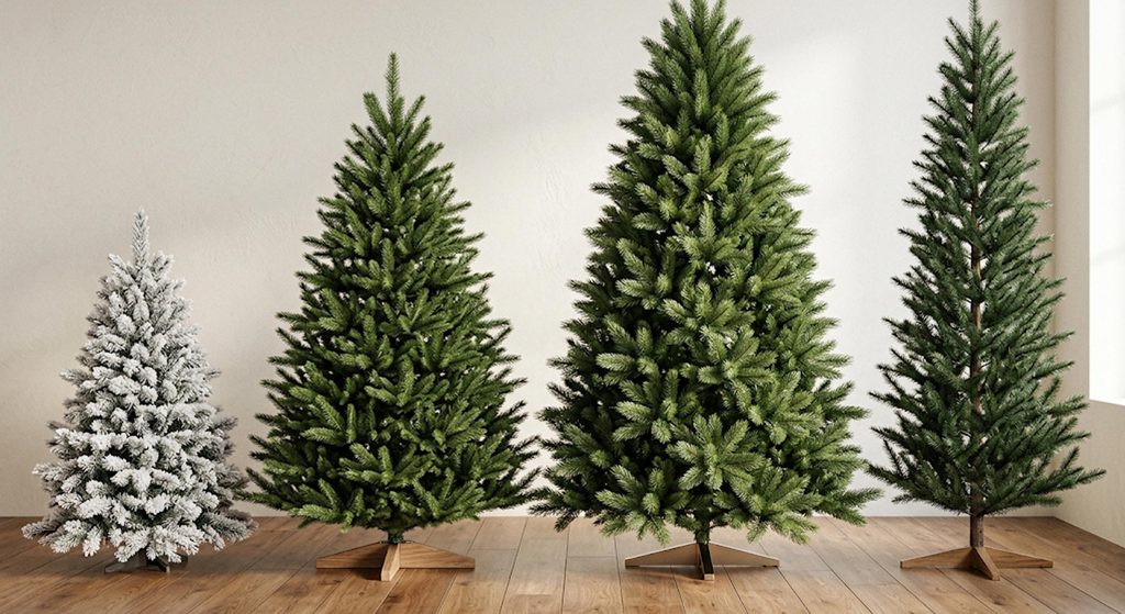 Comparaison visuelle de sapins de Noël artificiels de diverses tailles et densités, parfaits pour s'adapter à tout type d'intérieur.