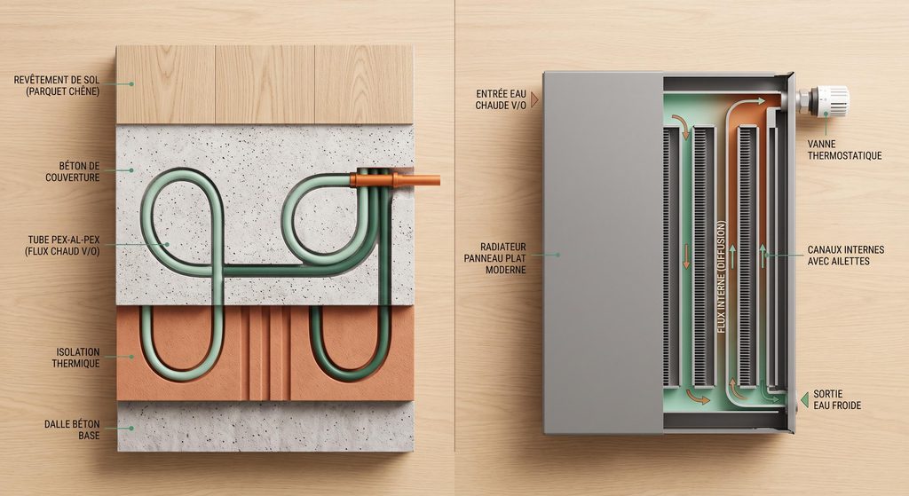 Détail technique d'un plancher chauffant et d'un radiateur à eau, pour comprendre leur fonctionnement