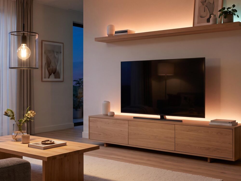 Éclairage connecté Philips Hue dans un salon, avec ampoules E27 et Lightstrip discrètes