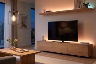 Éclairage connecté Philips Hue dans un salon, avec ampoules E27 et Lightstrip discrètes