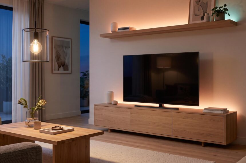 Éclairage connecté Philips Hue dans un salon, avec ampoules E27 et Lightstrip discrètes
