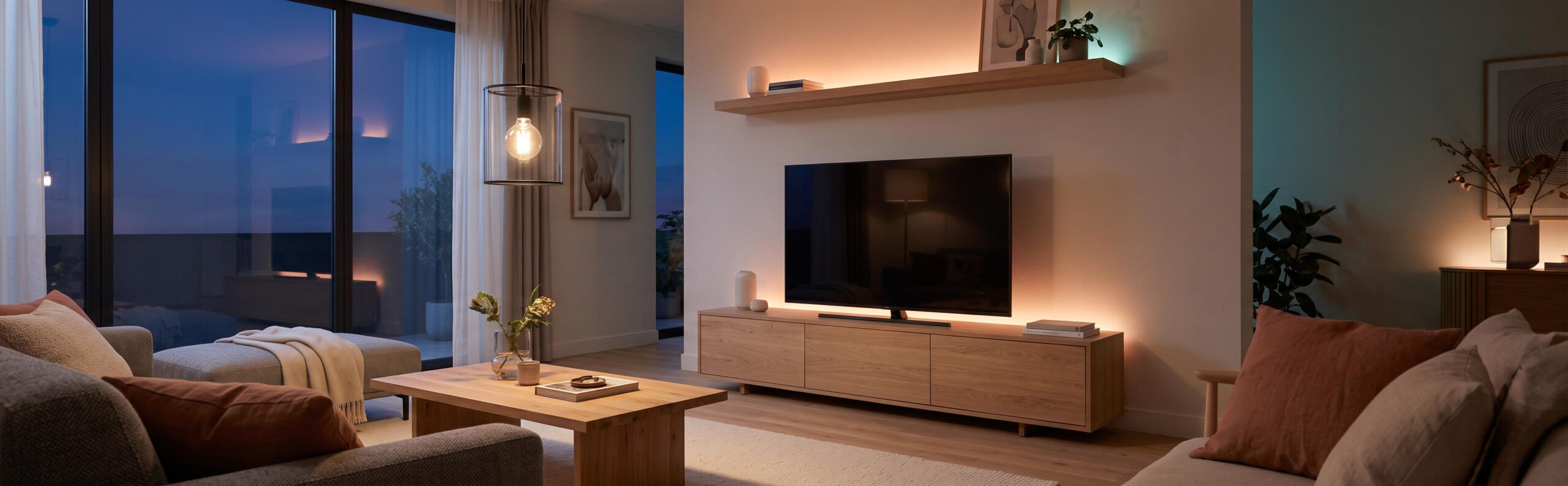 Éclairage connecté Philips Hue dans un salon, avec ampoules E27 et Lightstrip discrètes