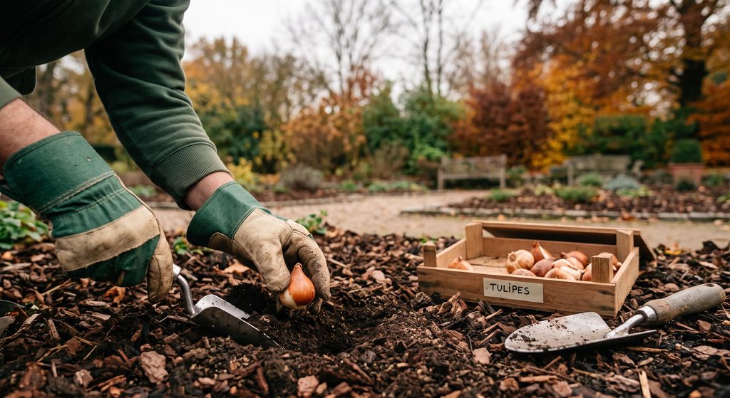 Entretien d'automne du jardin, avec une personne taillant des arbustes et préparant les plantes au froid.
