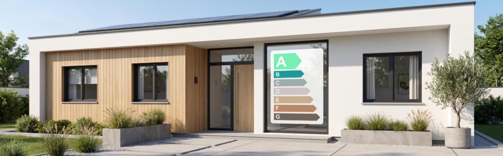Façade de maison moderne avec étiquette DPE de classe énergétique A, symbolisant la performance