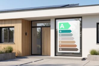 Façade de maison moderne avec étiquette DPE de classe énergétique A, symbolisant la performance