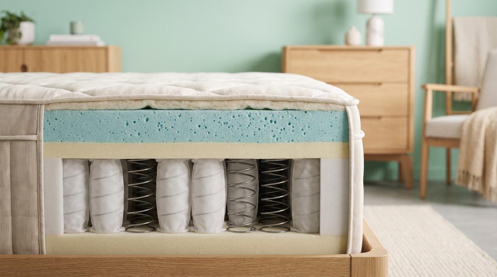 Gros plan sur les couches d'un matelas hybride, ressorts ensachés et mousse haute densité
