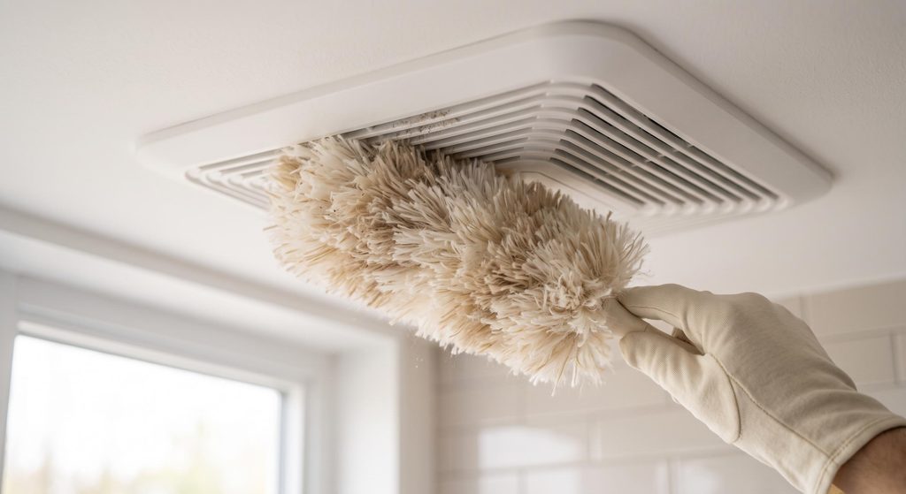 Gros plan sur une main dépoussiérant une grille de VMC avec un plumeau microfibre, étape clé de l'entretien de la ventilation domestique.