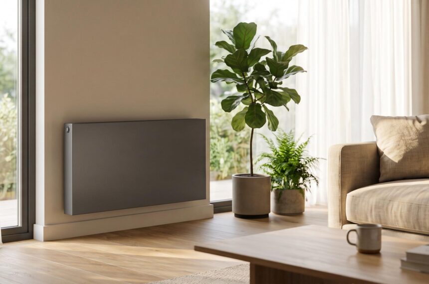 Intérieur contemporain avec un chauffage économique discret et une ambiance lumineuse et accueillante
