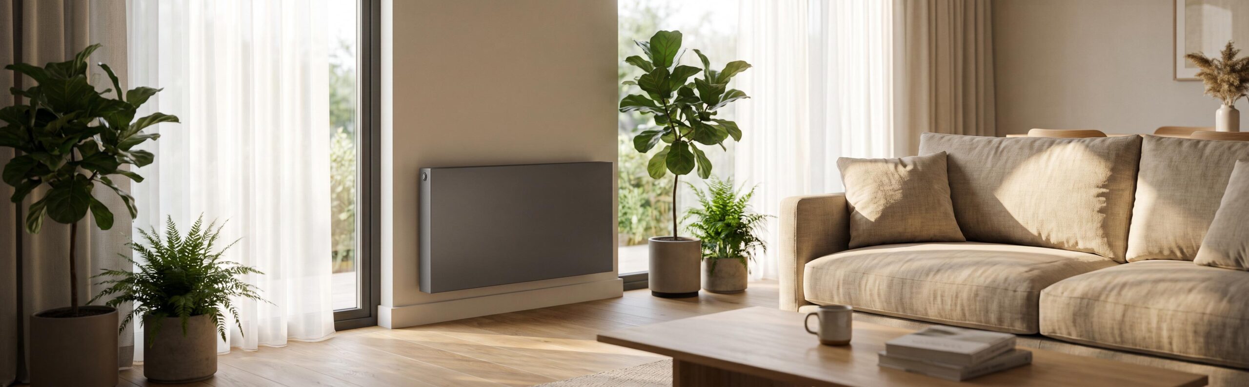 Intérieur contemporain avec un chauffage économique discret et une ambiance lumineuse et accueillante