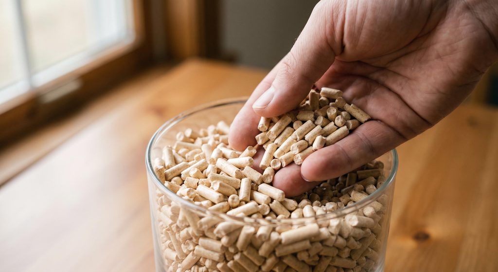 Main inspectant la qualité de granulés de bois certifiés DIN+ et EN+ versés dans un récipient